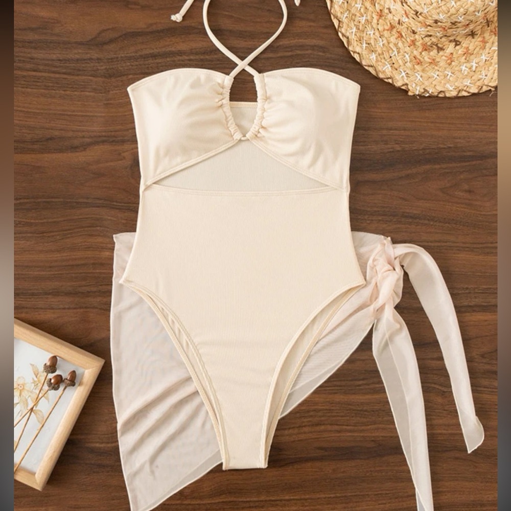 Cut-out Criss Cross Halter One Piece Swimsuit With Beach Skirt included - Picture 3 of 3